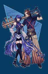  1boy absurdres aqua_(kingdom_hearts) arm_around_waist armor bare_shoulders bike_shorts blue_hair brown_hair couple detached_sleeves emblem female highres huge_weapon keyblade kingdom_hearts kingdom_hearts_birth_by_sleep robasarel short_hair smile spiked_hair strap terra_(kingdom_hearts) thighhighs weapon 