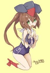  brown_hair clenched_hands commentary_request cosplay female framed_breasts fumizuki_(kancolle) gloves green_eyes hat i-13_(kancolle) i-13_(kancolle)_(cosplay) kantai_collection long_hair neckerchief partially_fingerless_gloves ponytail ryo_(tg290) school_swimsuit simple_background single_glove solo swimsuit white_neckerchief yellow_background 