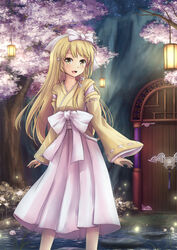  :d asakurashinji blonde_hair blush bow building cherry_blossoms commentary_request commission detached_sleeves door female hairbow highres lantern long_hair long_sleeves looking_at_viewer night night_sky open_mouth original outdoors path photoshop_(medium) plant ribbon-trimmed_sleeves ribbon_trim road sky smile solo standing tree water white_bow yellow_eyes 