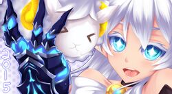  &gt;_&lt; +_+ 2015 bare_shoulders blue_eyes claws closed_eyes commentary_request demon_power_(elsword) elsword female fi-san long_hair luciela_r._sourcream pointy_ears polka_dot polka_dot_background sheep solo white_hair 