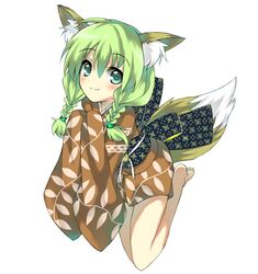  barefoot braid feet green_eyes green_hair kemonomimi kitsunemimi saitou_kon shingetsu_takehito smile solo tail twin_braids wafuku 