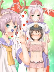  1boy 2girls admiral_(kancolle) antlers aoba_(kancolle) ascot blush commentary_request crossdressing hide89 highres horns kantai_collection kinugasa_(kancolle) little_boy_admiral_(kancolle) miniskirt multiple_girls otoko_no_ko panties purple_panties reindeer_antlers santa_costume school_uniform short_hair skirt smile snowflakes underwear 