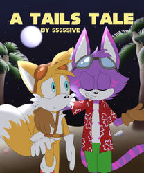  2_tails beach blue_eyes bottomwear canid canine cheshire_thaddeus_felonious chest_fur chocolatechippi closed_eyes clothed clothing domestic_cat fan_character felid feline felis fox gloves handwear low_res male mammal multi_tail night plant seaside sega shorts sonic_the_hedgehog_(series) tail tails tails_(disambiguation) text topless tree 