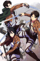  2boys aotsuki_ren bad_id bad_pixiv_id belt black_eyes black_hair blue_eyes boots buckle commentary_request emblem eren_yeager female jacket levi_(shingeki_no_kyojin) long_sleeves mikasa_ackerman multiple_boys pants paradis_military_uniform scarf shingeki_no_kyojin short_hair sword thigh_strap three-dimensional_maneuver_gear training_corps_(emblem) weapon 