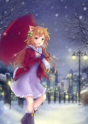  :d animal_ears asakurashinji boots christmas clover commentary_request female fence fingerless_gloves four-leaf_clover gloves hair_ornament highres lamppost lantern light long_hair looking_at_viewer night night_sky open_mouth original outdoors photoshop_(medium) railing scarf sky smile snow snowing solo umbrella 