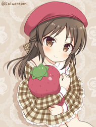  blush bow brown_eyes brown_hair circle_skirt commentary_request dress female food fruit hairbow idolmaster idolmaster_cinderella_girls kaiware-san long_hair long_sleeves looking_at_viewer plaid plaid_dress plaid_skirt skirt smile solo strawberry stuffed_strawberry tachibana_arisu twitter_username 