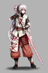  alternate_costume arm_guards armor armor_under_clothes baggy_pants baten_(gei-vorugu) belt boots bow chin_guard commentary_request dou female fingerless_gloves flamberge fujiwara_no_mokou full_body gloves glowing glowing_sword glowing_weapon grey_background hair_ribbon hairbow holding holding_sword holding_weapon japanese_armor japanese_clothes kusazuri light_smile long_hair looking_to_the_side pants pants_tucked_in pommel red_eyes red_pants ribbon simple_background solo standing sword touhou two-handed_sword very_long_hair weapon white_hair 