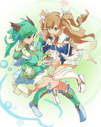  2girls aqua_eyes aqua_hair blonde_hair boots clarice_amber commentary_request drill_hair erika_oldenburg fairy fins fish_girl flower full_body geetgeet green_eyes head_fins holding_hands long_hair multiple_girls open_mouth pointy_ears pop-up_story school_uniform shell_hair_ornament short_hair skirt st._feles_gakuen_uniform thigh_boots thighhighs two_side_up white_legwear 