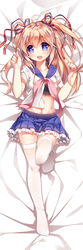  ahoge black_bra blue_eyes blue_skirt blush bra brown_hair commentary_request dakimakura_(medium) female full_body hair_ribbon long_hair looking_at_viewer lying midriff miniskirt navel oerba_yun_fang on_back open_mouth petticoat pleated_skirt purple_eyes ribbon sailor_collar skirt solo thighhighs two_side_up underwear vauquelin_(warship_girls_r) warship_girls_r white_thighhighs xia_xiang_(ozicha) 