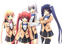  4girls antenna_hair blonde_hair blue_eyes blue_hair bow bowtie green_eyes hair_ornament labcoat long_hair mitsuka_souji multiple_girls ore_twintail_ni_narimasu pink_eyes red_eyes red_hair rule_63 school_uniform shindou_erina silver_hair simple_background skirt srwsrx_(gp03dsrx) tail_blue tail_red tailblue tailred thighhighs tsube_aika twintails twoearle very_long_hair 