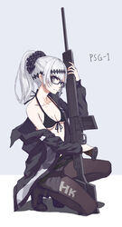  ankle_boots bespectacled bikini bikini_top_only black-framed_eyewear black_bikini black_footwear black_jacket black_scrunchie boots breasts buckle clothes_writing commentary cross-laced_footwear female full_body girls&#039;_frontline glasses gun h&amp;k_psg1 hair_ornament heckler_&amp;_koch highres holding holding_gun holding_weapon jacket lace-up_boots looking_at_viewer magazine_(weapon) medium_breasts off_shoulder on_one_knee open_clothes open_jacket open_mouth pantyhose papaia_(quentingqoo) photoshop_(medium) ponytail psg-1_(girls&#039;_frontline) rifle scope scrunchie sniper_rifle solo squatting strap swimsuit weapon 