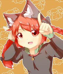  animal_ears bell black_dress bow braid cat_ears commentary_request dress female hairbow happy_new_year kaenbyou_rin new_year oerba_yun_fang open_mouth psychopath_idiot red_eyes red_hair sheep smile solo touhou twin_braids upper_body 