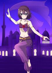  1boy arabian_clothes arice-spead-21 baka_to_test_to_shoukanjuu barefoot blush brown_hair commentary_request crossdressing dancer green_eyes harem_pants kinoshita_hideyoshi male_focus midriff minaret navel otoko_no_ko pants solo 