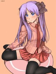  black_thighhighs blue_eyes commentary_request female hiiragi_kagami long_hair lucky_star purple_hair solo thighhighs twintails zenkou 