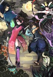  2boys 2girls architecture armor black_eyes black_hair brown_eyes castle commentary_request demon east_asian_architecture floral_print flower fox gauntlets grass hair_flower hair_ornament highres hitodama ichiba_youichi izuna_jinkuro japanese_armor japanese_clothes katana kimono kisuke long_hair momohime multiple_boys multiple_girls oboro_muramasa scarf sword thighhighs torahime weapon yagyuu_yukinojou 