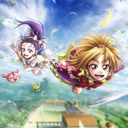  2girls bike_shorts boots brooch cloud commentary_request cure_bloom cure_egret detached_sleeves dress earrings elbow_gloves flying futari_wa_precure_splash_star gloves hair_ornament hair_ribbon heart heart_brooch highres hyuuga_saki jewelry long_hair looking_at_viewer magical_girl mascot mishou_mai moon multiple_girls nakajima_majikana orange_eyes orange_hair pink_arm_warmers precure purple_eyes purple_hair ribbon shirt shorts shorts_under_skirt skirt sky 