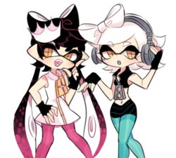  2girls bad_id bad_tumblr_id callie_(splatoon) charamells commentary cosplay crop_top crown fangs fingerless_gloves gloves headphones inkling looking_at_viewer marie_(splatoon) marina_(splatoon) marina_(splatoon)_(cosplay) mini_crown multiple_girls pantyhose pearl_(splatoon) pearl_(splatoon)_(cosplay) pose simple_background smile splatoon_(series) splatoon_2 symbol-shaped_pupils tentacle_hair zipper_pull_tab 