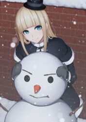  bad_id bad_pixiv_id blonde_hair blue_eyes blunt_bangs brick_wall capelet female hat heisei_yutorin long_hair looking_at_viewer mini_hat mini_top_hat mittens original smile snow snowing snowman solo top_hat winter_clothes 