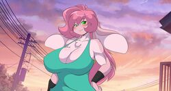  anthro big_breasts big_ears breasts cleavage clothed clothing female floppy_ears fur green_eyes hair huge_breasts lagomorph leporid long_ears long_hair mammal mastergodai multicolored_body multicolored_fur outside pink_body pink_fur pink_hair rabbit rascals reiko_usagi smile solo two_tone_body two_tone_fur 