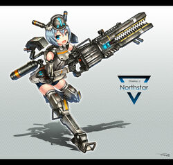  :d animification artist_name bike_shorts blue_eyes blue_hair breasts commentary_request copyright_name female full_body gia grey_thighhighs gun hair_between_eyes headgear highres letterboxed looking_at_viewer mecha_musume medium_breasts northstar_(titanfall) open_mouth personification railgun short_hair signature smile solo standing standing_on_one_leg thighhighs titan_(titanfall) titanfall_(series) titanfall_2 trigger_discipline weapon 