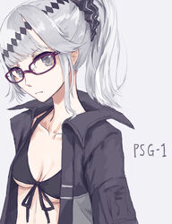  bespectacled bikini bikini_top_only black_bikini black_jacket black_scrunchie breasts character_name cleavage closed_mouth collarbone commentary female girls&#039;_frontline glasses grey_hair hair_between_eyes hair_ornament head_tilt highres jacket looking_at_viewer medium_breasts open_clothes open_jacket papaia_(quentingqoo) photoshop_(medium) ponytail psg-1_(girls&#039;_frontline) purple-framed_eyewear scrunchie sidelocks solo swimsuit 