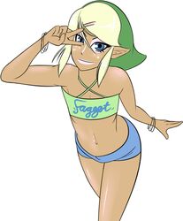  1boy blonde_hair blue_eyes dark_skin eyeshadow ganguro link pointy_ears sealguy shorts the_legend_of_zelda trap 