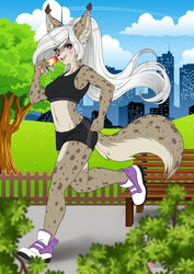  absurd_res anthro athletic athletic_anthro athletic_female biped bra clothed clothing dessert felid feline female fluffysteambunny food footwear fur hair hi_res ice_cream jogging lynx mammal midriff navel open_mouth outside running shoes smile solo sports_bra underwear 