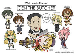  1boy 6+girls ahoge amanda_werner amy_(suisei_no_gargantia) angela_balzac artoria_pendragon_(fate) black_hair blassreiter blonde_hair blood blood_on_face blush bodysuit breasts brown_hair chibi cleaver commentary_request copyright_name creator_and_creation creator_connection decapitation disembodied_head drill_hair ein_(phantom_of_inferno) english_text fate/zero fate_(series) formal gloves green_eyes guro hat knife legs_together long_hair mahou_shoujo_madoka_magica mahou_shoujo_madoka_magica_(anime) mami_mogu_mogu medium_breasts multiple_girls necktie pantyhose phantom_of_inferno photoshop_(medium) pink_hair psycho-pass purple_eyes rakuen_tsuihou real_life requiem_for_the_phantom saber_(fate) simple_background speech_bubble suisei_no_gargantia suit thighhighs tomoe_mami tomoe_mami_(magical_girl) tsunemori_akane twin_drills twintails urobuchi_gen vinhnyu watermark web_address white_background wide_hips yellow_eyes 