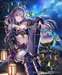  2girls armor bare_shoulders black_skirt breasts chinese_knot commentary_request cross diffraction_spikes dock esukee hand_on_own_knee hand_rest katana knee_up kneehighs lantern long_hair looking_at_viewer medium_breasts milky_way multiple_girls navel night night_sky official_art outdoors plant purple_eyes sageo sail sengoku_saga sheath sheathed ship silver_hair sitting skirt sky socks solo_focus star_(sky) starry_sky sword tanabata tanzaku watercraft watermark weapon 