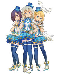  3girls angel angel_wings blonde_hair blue_eyes blue_thighhighs commentary_request full_body geetgeet grey_hair hair_over_one_eye halo hat idol_clothes long_hair low_wings lucille_aleister microphone mini_hat mini_top_hat misty_sheikh multiple_girls pop-up_story purple_eyes purple_hair short_hair simple_background skirt thighhighs top_hat ursula_raiment white_background wings 