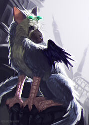  2018 ambiguous_gender avian chimera detailed_background digital_media_(artwork) feathered_wings feathers felid feline feral gryphon haurin hauringu horn hybrid japan_studio_(game_developer) mammal mythological_avian mythological_creature mythology shaded sitting solo sony_corporation sony_interactive_entertainment tail the_last_guardian trico_(species) trico_(the_last_guardian) wings 