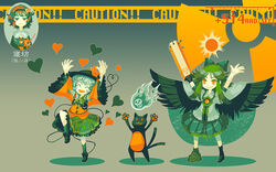  3girls :&lt; animal_ears arm_cannon asymmetrical_clothes asymmetrical_footwear bow braid cat_ears cat_tail caution closed_eyes commentary_request fallout_(series) fallout_3 feline green_bow green_skirt hairbow hat heart heart_of_string highres kaenbyou_rin kaenbyou_rin_(cat) komeiji_koishi komeiji_satori long_hair long_sleeves mismatched_footwear multiple_girls not_present open_mouth parody photoshop_(medium) radiation_symbol reiuji_utsuho ribbon short_hair skirt smile tail third_eye touhou twin_braids weapon zounose 