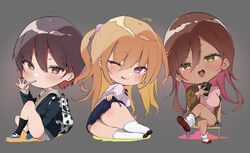  3girls absurdres ass biting_tongue blonde_hair blush breasts brown_hair chibi crossed_legs dark_skin gyaru highres kogal large_breasts long_hair looking_at_viewer loose_socks multiple_girls naughty_face open_mouth original piercing red_hair school_uniform short_hair sitting socks thighs tongue_piercing two_side_up yamakonbu 