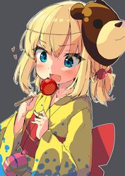  :d alternate_hairstyle bear_mask black_background blonde_hair blue_eyes candy_apple commentary female festival food gingerbullet girls_und_panzer hair_bobbles hair_ornament heart highres holding holding_food japanese_clothes katyusha_(girls_und_panzer) kimono long_sleeves low_twintails mask mouth_mask obi oerba_yun_fang open_mouth print_kimono sash short_hair smile solo twintails upper_body water_yoyo wide_sleeves yellow_kimono 