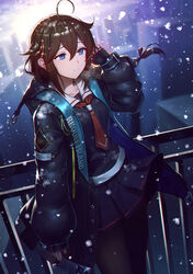  ahoge arknights black_coat black_gloves black_pantyhose black_serafuku black_skirt blue_eyes braid brown_hair coat commission eatora female fingerless_gloves gloves hair_flaps kantai_collection long_sleeves miniskirt necktie open_clothes open_coat outdoors pantyhose pleated_skirt red_necktie school_uniform serafuku shigure_(kancolle) shigure_kai_ni_(kancolle) single_braid skeb_commission skirt snowing solo standing 