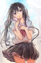  black_hair braid cocoa_(cafe-hotcocoa) cowboy_shot female glasses highres long_hair looking_at_viewer original pleated_skirt rimless_eyewear school_uniform serafuku skirt solo twin_braids wind 