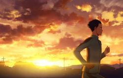  1boy 7days_a_week black_hair cloud commentary_request evening jacket kaze_ga_tsuyoku_fuiteiru kurahara_kakeru male_focus outdoors photoshop_(medium) power_lines running sky solo sunrise sunset track_jacket yellow_sky 