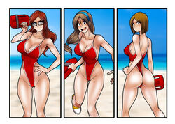  3girls beach blue_hairband blurry blurry_background breasts brown_hair clara_(living_with_hipstergirl_and_gamergirl) cleavage erika_(living_with_hipstergirl_and_gamergirl) feet_out_of_frame glasses hairband highleg highleg_swimsuit highres holding jago_dibuja large_breasts leg_up living_with_hipstergirl_and_gamergirl long_hair low-tied_long_hair multiple_girls one-piece_swimsuit one-piece_thong open_mouth photoshop_(medium) rectangular_eyewear red_hair red_one-piece_swimsuit short_hair smile sophie_(living_with_hipstergirl_and_gamergirl) swimsuit thong yellow_footwear 