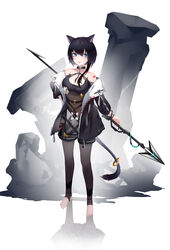  .l.l :d absurdres animal_ear_fluff animal_ears bare_shoulders black_hair black_jacket black_pantyhose black_shorts breasts cat_ears cat_girl cat_tail cleavage cleavage_cutout clothing_cutout collarbone commentary_request eyebrows_hidden_by_hair female full_body hair_between_eyes hand_on_own_hip highres holding holding_polearm holding_weapon jacket long_hair long_sleeves md5_mismatch medium_breasts no_shoes off_shoulder one_side_up open_mouth original pantyhose polearm puffy_long_sleeves puffy_sleeves reflection short_shorts shorts smile solo spear standing stirrup_legwear tail teeth toeless_legwear upper_teeth_only v-shaped_eyebrows weapon white_background 