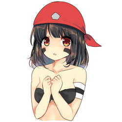  armband bandana bandeau bare_arms bare_shoulders black_hair blush breasts collarbone commentary_request facial_mark female hands_up highres looking_at_viewer medium_breasts ougi_hina parted_lips red_eyes rimeru_rina short_hair shoukan&#039;ou_rex simple_background solo stomach strapless upper_body white_background 