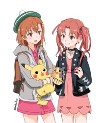  2girls alternate_costume black_jacket black_nails brown_eyes brown_hair cardigan casual commentary cosplay cowboy_shot crossover dress gloria_(pokemon) gloria_(pokemon)_(cosplay) green_headwear grey_cardigan ha_neko hat holding holding_poke_ball holding_pokemon jacket long_hair long_sleeves marnie_(pokemon) marnie_(pokemon)_(cosplay) medium_hair misaka_mikoto morpeko morpeko_(full) multiple_girls pikachu pink_dress poke_ball poke_ball_(basic) pokemon pokemon_(creature) pokemon_swsh power_connection shirai_kuroko simple_background tam_o&#039;_shanter toaru_kagaku_no_railgun toaru_majutsu_no_index trait_connection twintails white_background 