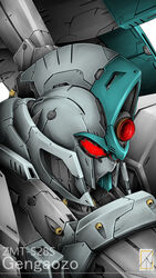  character_name close-up denjyou23 gengaozo gundam highres looking_down mecha mobile_suit no_humans red_eyes robot solo upper_body variant_set victory_gundam white_background zanscare 