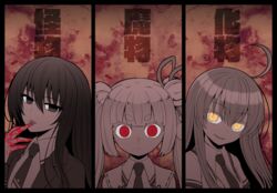  3girls ahoge amou_kirukiru blazer blood blood_on_hands busou_shoujo_machiavellism collared_shirt column_lineup commentary_request glowing glowing_eyes grey_eyes hair_between_eyes hair_ribbon hand_up inaba_tsukuyo jacket japanese_clothes licking licking_finger long_hair miko multiple_girls nakamura_hinato necktie open_clothes open_jacket red_eyes ribbon ringed_eyes school_uniform shirt short_eyebrows short_sleeves tamaba_satori thick_eyebrows tongue tongue_out translation_request twintails unusually_open_eyes yellow_eyes 