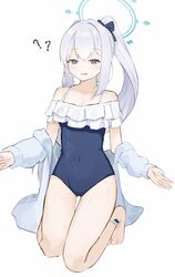  ? ?? absurdres bare_shoulders barefoot blue_archive blue_bow blue_jacket blue_one-piece_swimsuit blush bow casual_one-piece_swimsuit collarbone commentary_request covered_navel female frilled_one-piece_swimsuit frills grey_background grey_eyes grey_hair hair_intakes hairbow half-closed_eyes halo highres jacket kneeling long_sleeves miyako_(blue_archive) miyako_(swimsuit)_(blue_archive) off-shoulder_one-piece_swimsuit off_shoulder official_alternate_costume one-piece_swimsuit open_clothes open_jacket parted_lips ponytail puffy_long_sleeves puffy_sleeves simple_background sleeves_past_wrists solo sweat swimsuit uuc_(yuyudanngo) 