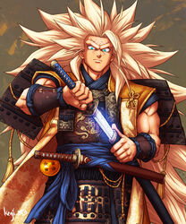  1boy aqua_eyes armor artist_name blonde_hair blue_sash commentary dou dragon dragon_ball dragon_ball_(object) dragon_ball_z dragon_print eastern_dragon guillem_dauden highres holding holding_sheath japanese_armor kusazuri long_hair looking_at_viewer male_focus no_eyebrows same-hada samurai sash serious sheath sheathed shoulder_armor sode solo son_goku spiked_hair super_saiyan super_saiyan_3 sword tsuba_(guard) tsuka-ito unsheathing vambraces very_long_hair wakizashi weapon 