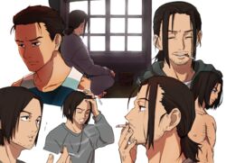  1boy akahiro_hirata black_hair brown_eyes choko_egg cigarette closed_eyes commentary_request facial_hair grey_shirt kaze_ga_tsuyoku_fuiteiru male_focus mouth_hold multiple_views parted_lips shirt sitting stubble topless_male upper_body white_background 