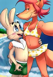  beach black_nose blue_eyes blush bra breasts canid canine clothing fox fur green_eyes hair half-closed_eyes hare heart_symbol hi_res lagomorph leporid lisa_(wjyw) looking_at_eyes luna_golubaya mammal narrowed_eyes navel open_mouth red_hair sea seaside size_difference small_breasts smile soyuzmultfilm swimwear tan_body tan_fur tuft underwear water well_just_you_wait! zayats_(wjyw) 