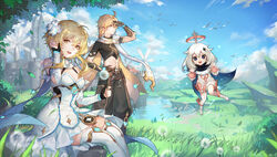  1boy 2girls :d aether_(genshin_impact) ahoge architecture arm_guards bare_shoulders beach bird black_gloves blonde_hair blue_eyes blue_sky boots braid braided_ponytail bridal_gauntlets bright_pupils brother_and_sister building cathedral chinese_commentary chromatic_aberration closed_mouth cloud cloudy_sky commentary_request constellation dandelion dandelion_seed day detached_sleeves dress fairy floating flower genshin_impact gloves hair_between_eyes hair_flaps hair_flower hair_ornament highres hill lake landscape leaf long_braid long_hair long_sleeves lumine_(genshin_impact) midriff mondstadt_city mountain mountainous_horizon multiple_girls nature open_mouth outdoors paimon_(genshin_impact) photoshop_(medium) romper sand scarf scenery short_hair_with_long_locks siblings sidelocks single_braid sitting sky sleeveless sleeveless_dress smile spade-m star_(symbol) star_hair_ornament thighhighs tower tree twins water white_dress white_flower white_hair white_romper wind windmill 