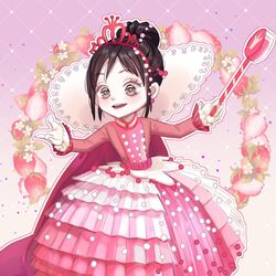  alternate_eye_color argyle_background black_hair bright_pupils candy candy_hair_ornament cape crown dress female flower food food-themed_hair_ornament formal frilled_cuffs frilled_dress frilled_sleeves frills fruit gem gloves gown grey_eyes hair_bun hair_ornament highres hoop_skirt lolicon lollipop mouth_hold official_alternate_costume okitafuji outstretched_arm outstretched_arms outstretched_hand pearl_(gemstone) pink_background pink_dress princess princess_dress scepter single_hair_bun smile sprinkles strawberry strawberry_background strawberry_blossoms tiara updo vanellope_von_schweetz white_dress white_pupils wreck-it_ralph 