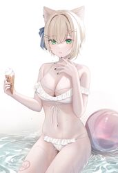  animal_ears ball beachball bikini black_nails blonde_hair blue_ribbon body_writing breasts cat_ears cat_girl cat_tail female food frilled_bikini frills green_eyes hair_ornament hair_ribbon hairclip highres holding holding_food ice_cream ice_cream_cone kurumi_noah medium_breasts melting multi-strapped_bikini navel parted_lips partially_submerged pomelunch ribbon sitting stomach string_bikini swimsuit tail thighs virtual_youtuber vspo! water wet white_background white_bikini x_hair_ornament 